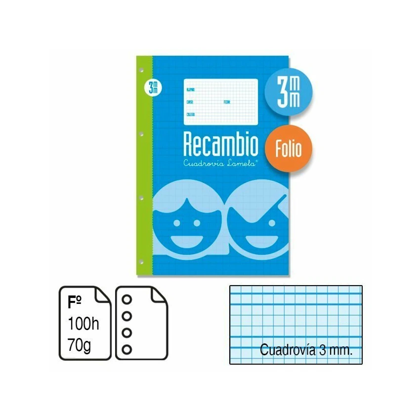 Recambio LAMELA Original Recambio de anillas tamaño folio cuadrovia 3MM/4MM Papel offset blanco extra de 70 g/m con margen 100 hojas 70G 1 paquete/3 paquetes/6 paquetes a elegir.