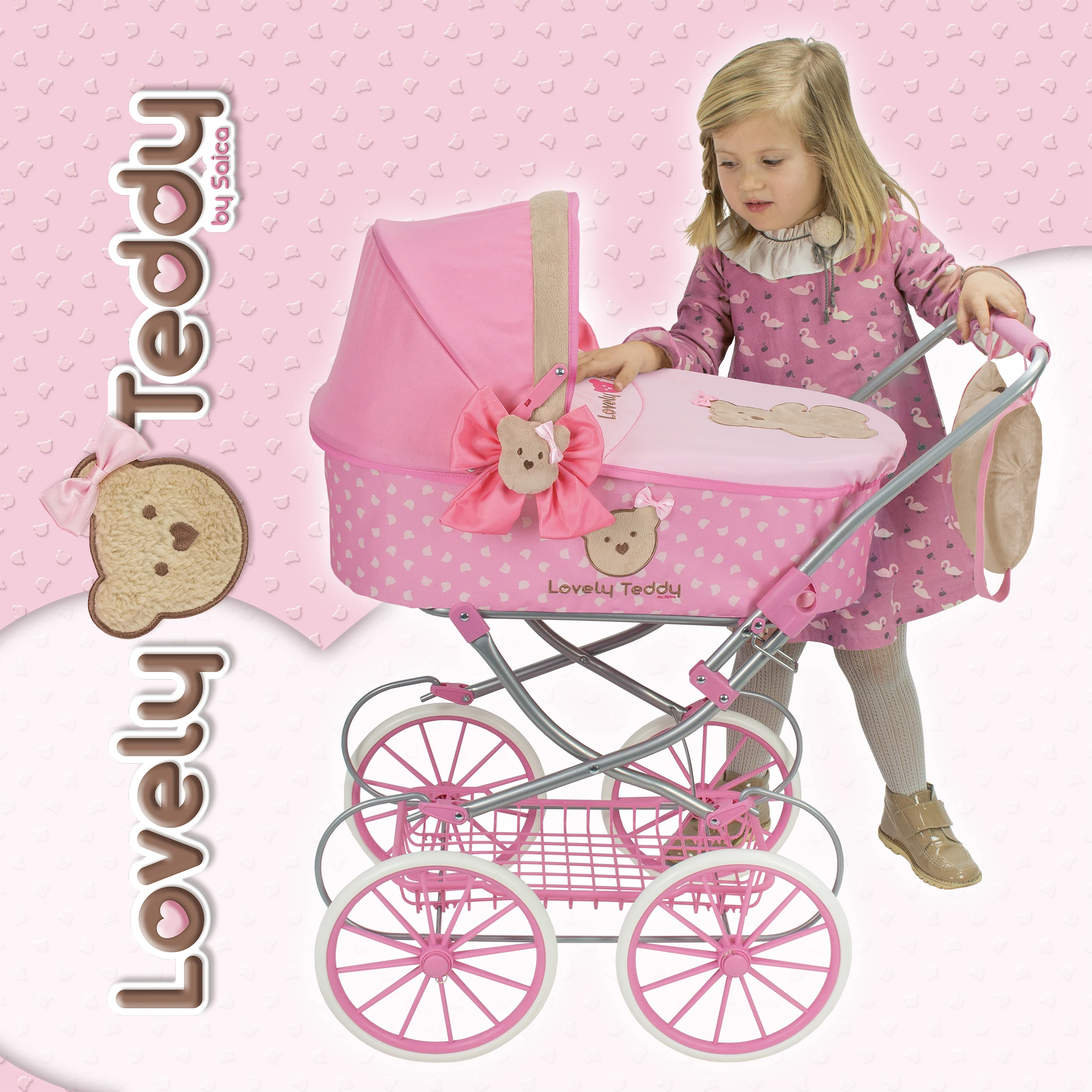 Doll cart. Classic Lovely Teddy doll cart in pink (9950) includes carrycot with hood and carrycot covers, basket slides and bag. Folding and easy to assemble, quality at the best price. According to the regulations CE. + 3 years