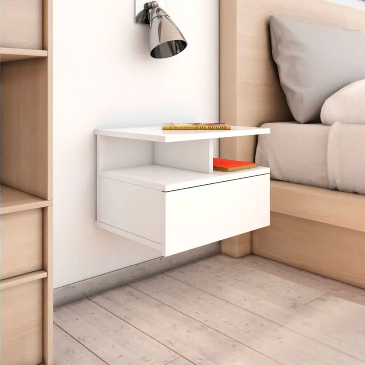 VidaXL Floating bedside table 1 drawer 2 shelves white glitter 27x40x31 cm