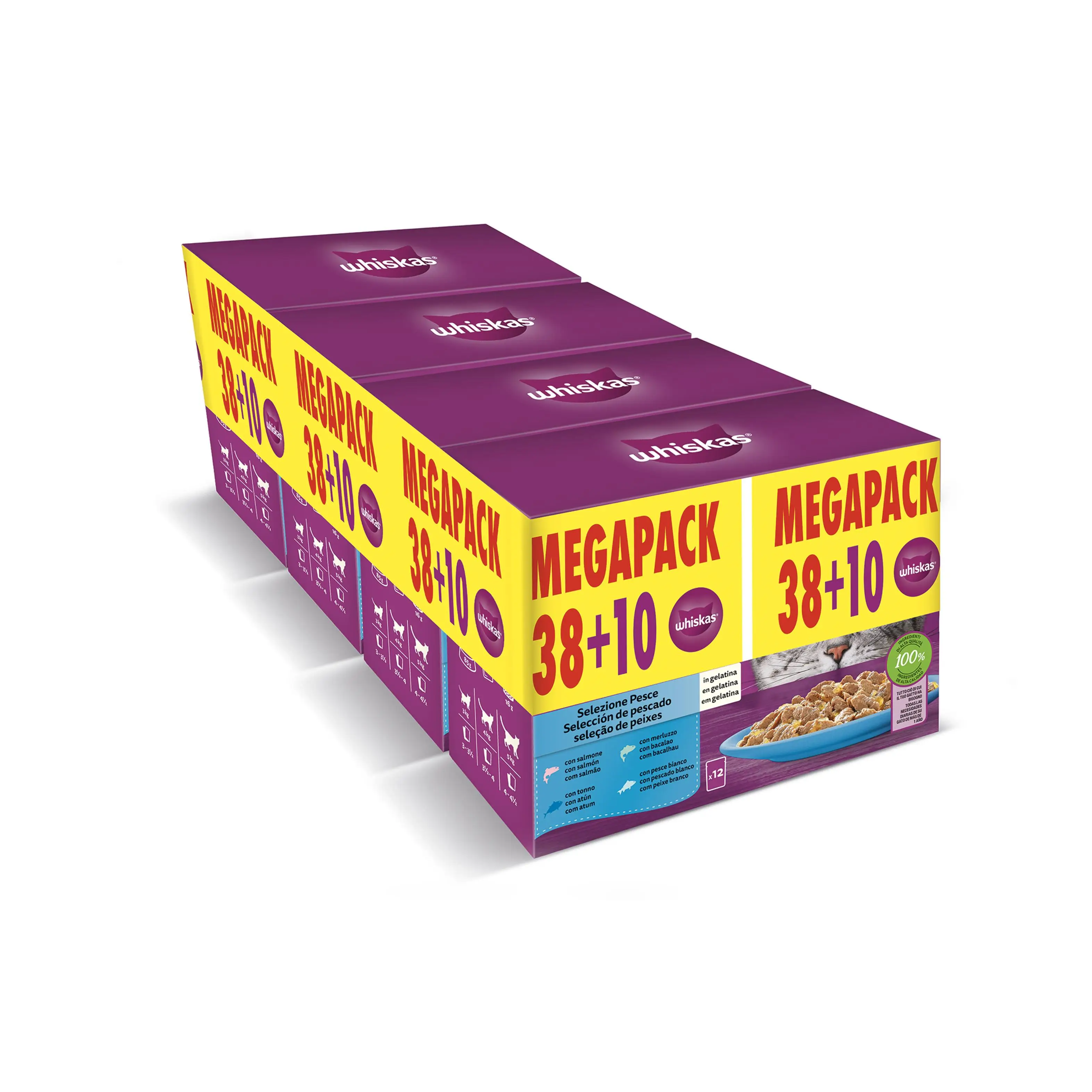 WHISKAS MEGAPACK CORE PESCADO WHISKAS COMIDA HÚMEDA SELECCIÓN PESCADOS EN GELATINA PARA GATOS, PACK DE 48 SOBRES DE 85g