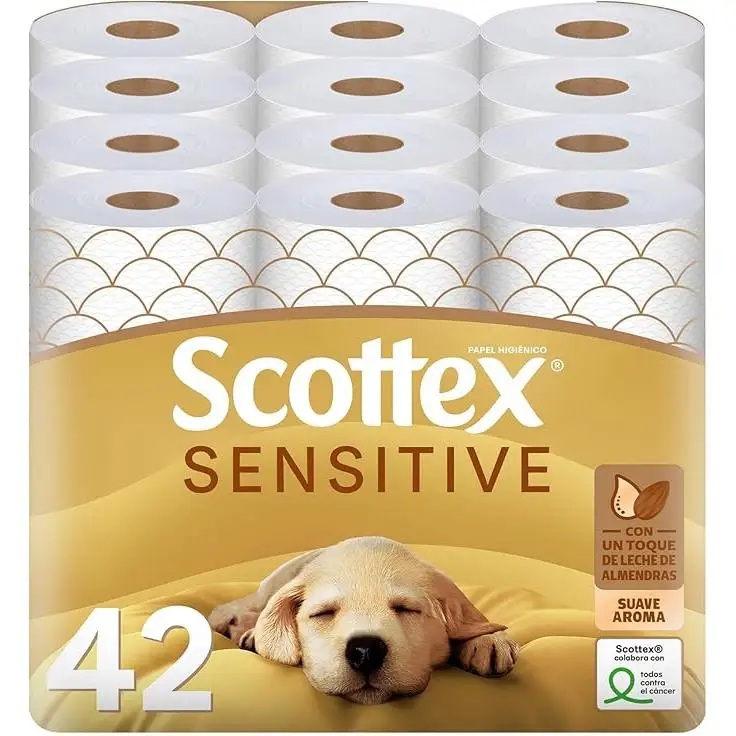 Scottex Sensitive Papel Higiénico Pack 42 rollos de 3 capas por Hoja con toque de leche de almendras