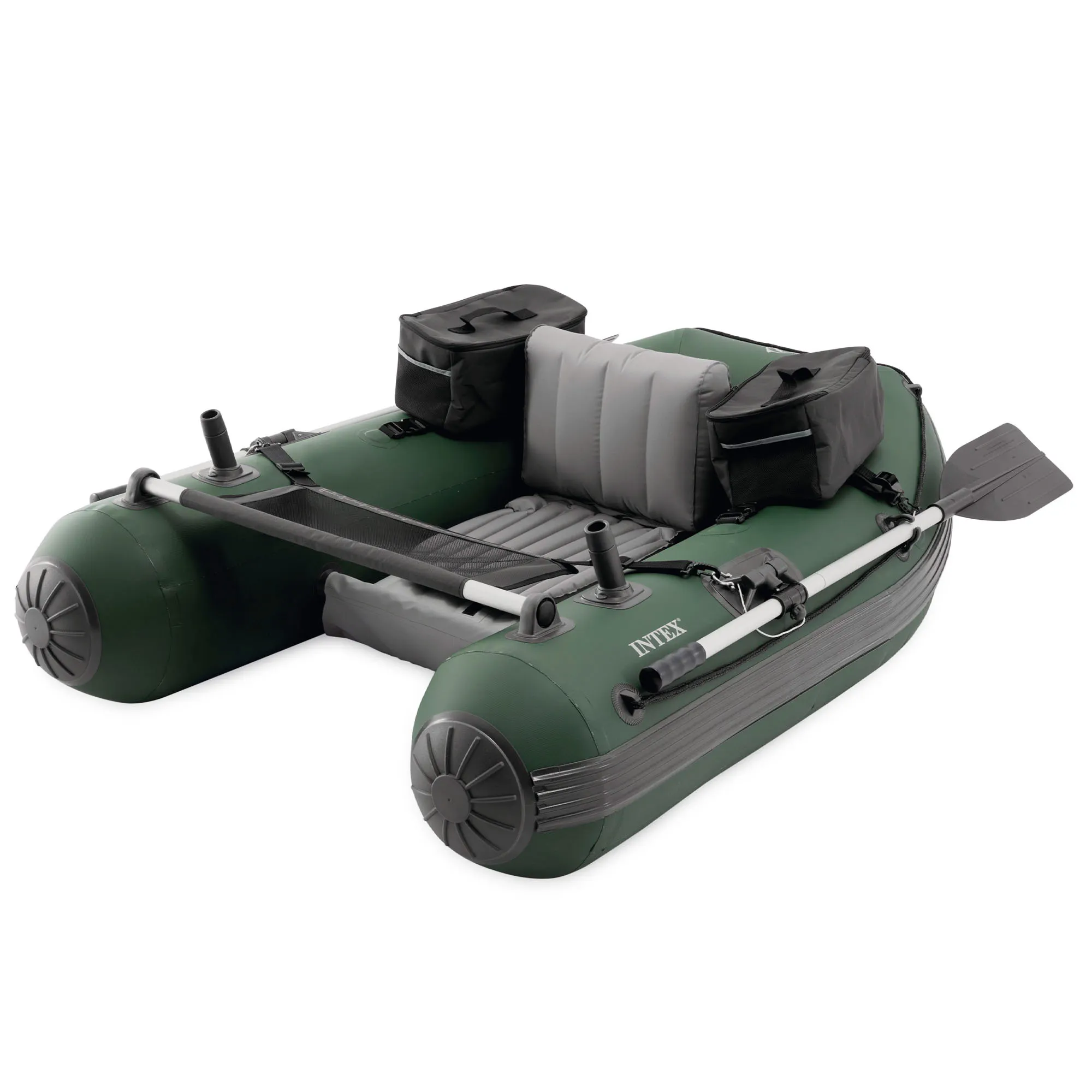 INTEX - Pato de pesca hinchable Big Catch Pro, 165x120x38 cm, material Super-Tough resistente y duradero, soporta 140 kg, incluye remos, hinchador, mochila, soportes de caña desmontables y 2 bolsas de