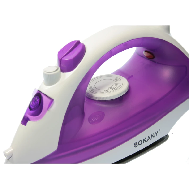 Sokany HJ-8002 Steam Iron 1600W in White and Purple, features stainless steel soleplate, self-cleaning, 900ML capacity, variable steam, and non-twisting cord for efficient garment care.