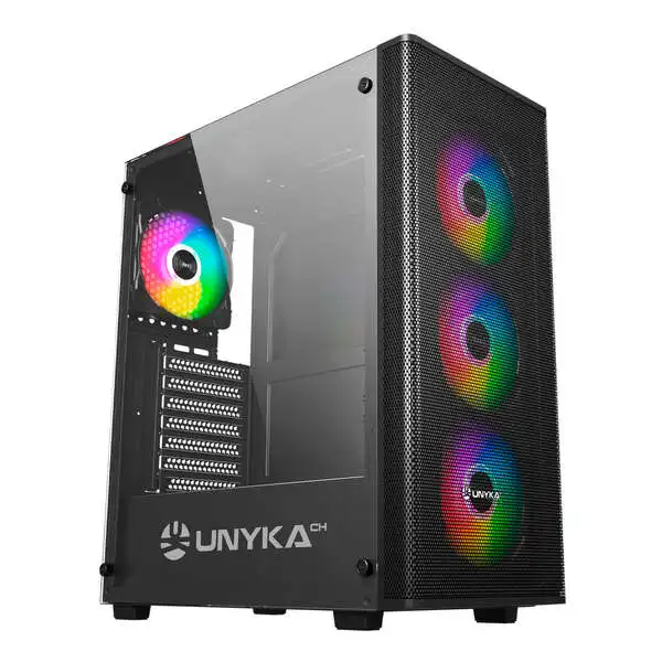 Unykach mir 100 caja gaming atx, micro atx, itx - lateral de vidrio templado - usb-a 2.0, 3.0 y audio - 4 ventiladores 120mm argb instalados - soporta refrigeracion liquida