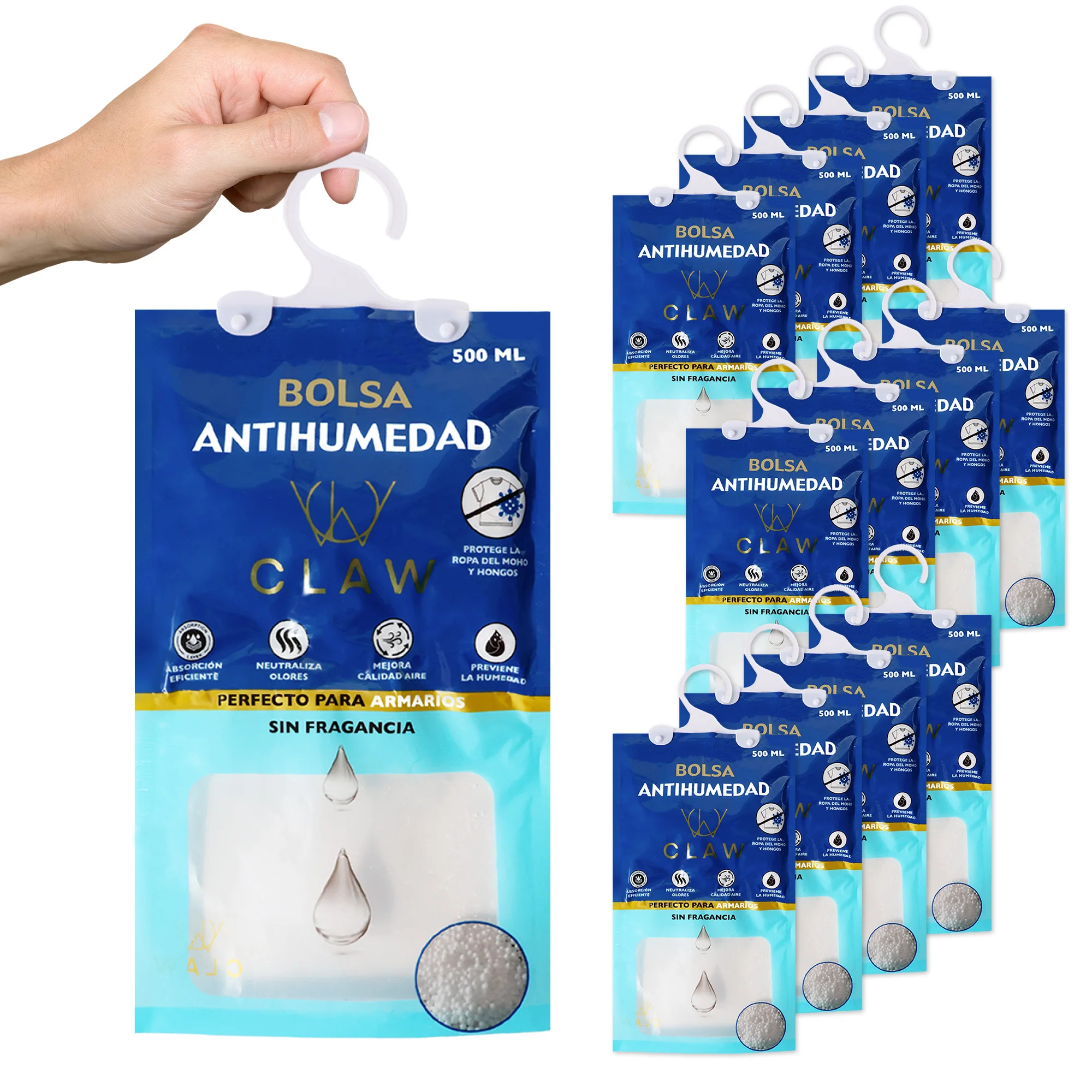 Claw project pack of 12 anti-humidity bags wardrobe clothes – dehumidifier hanging garage hanger – eliminates bad odors – moisture absorbent storage room, windows, boats - eliminate moisture room - neutralizes odors