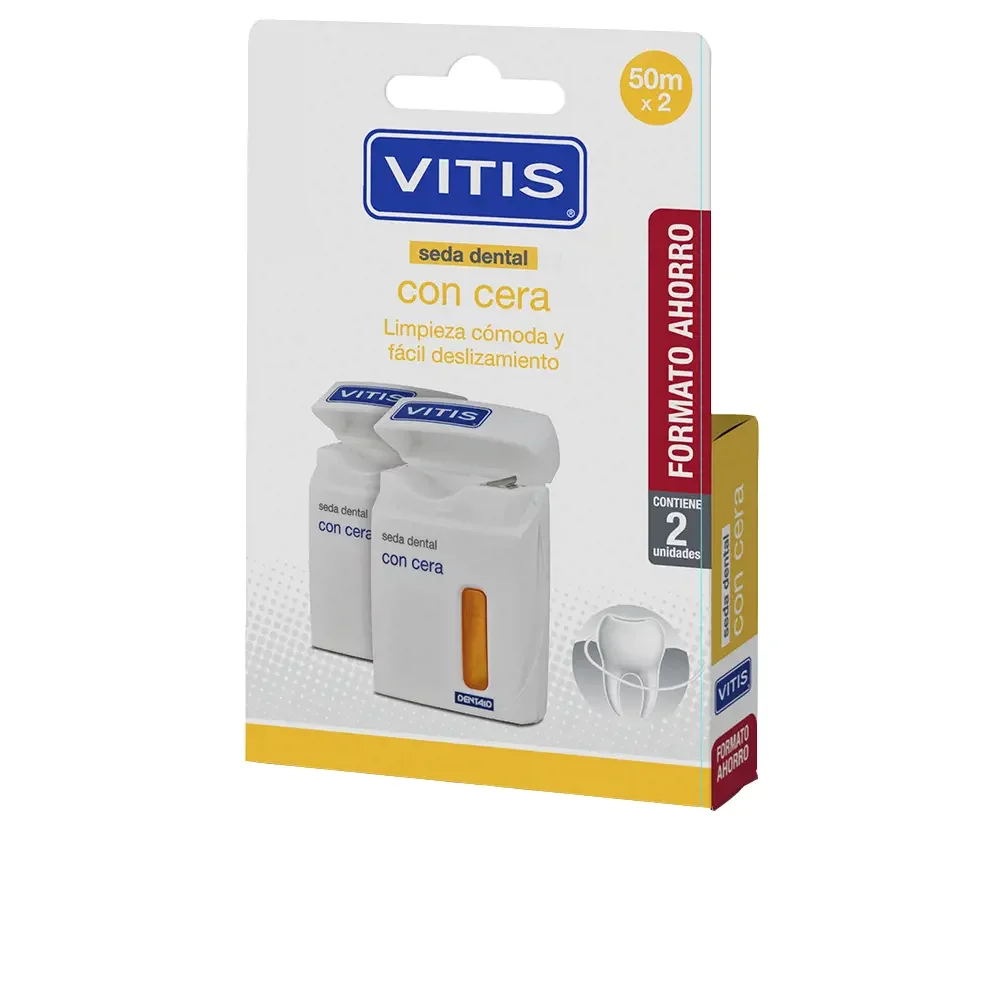 Vitis - Seda dental con cera PACK SEDA CON CERA 2 UNIDADES para uso interproximal, previene placa bacteriana, gingivitis y caries, ideal para adquirir el hábito diario de limpieza bucal