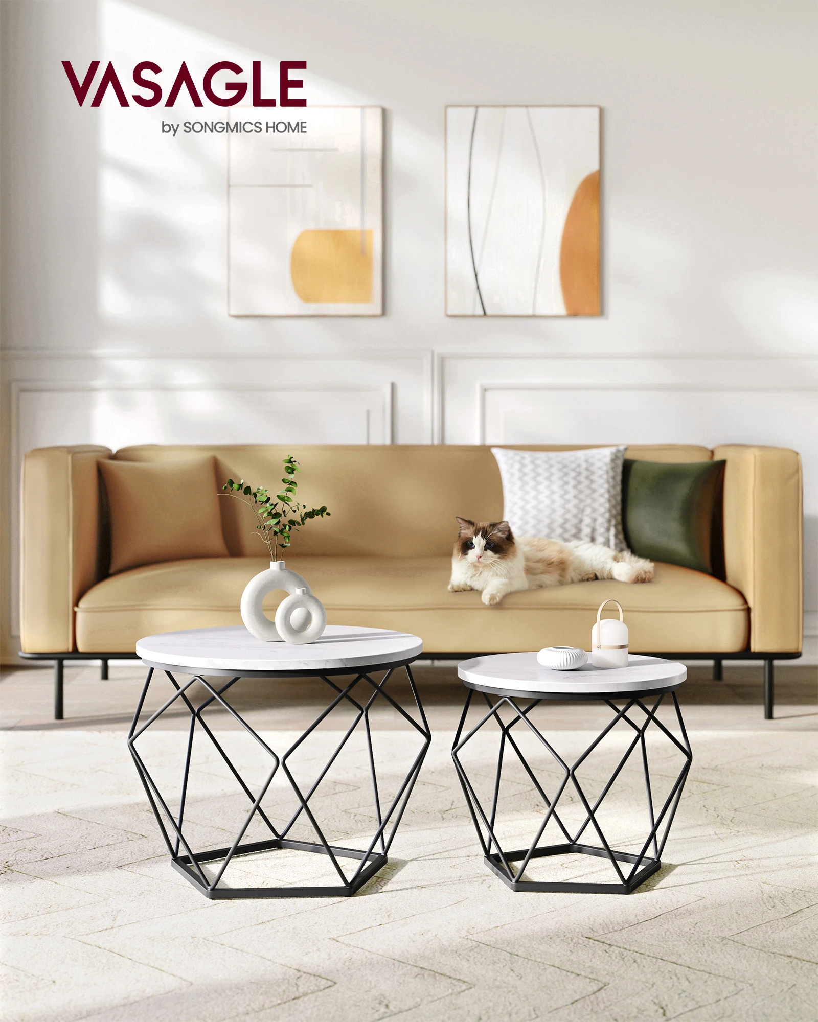 Vasagle round coffee table, set of 2 side tables, modern style, removable top, steel frame, for living room, black and white/snow white and cloud white/greige and black/honey brown and cloud white/rustic brown and black /black