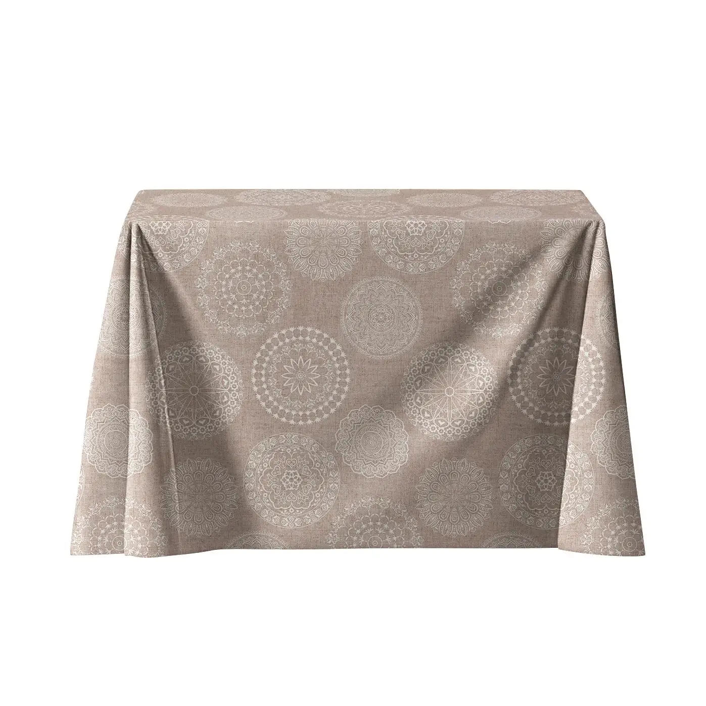 LaFábricadelasTelas - Falda Mesa Camilla Rectangular Primavera Verano Loneta estampada mandalas algodón color beige y gris. Faldón Faldilla enagüilla