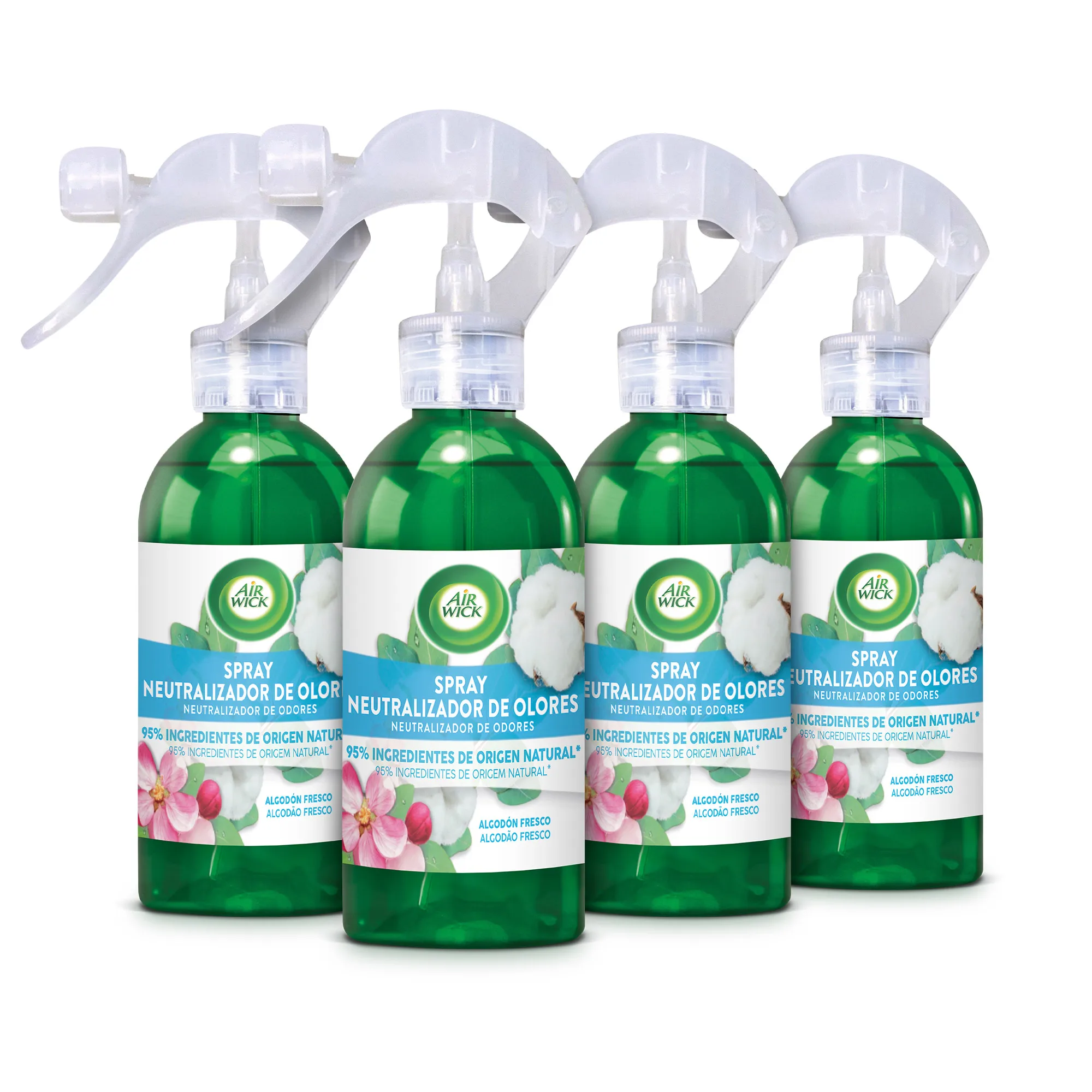 Air Wick - Spray Neutralizador de Olores Algodón Fresco, Pack 4 Unidades, Origen Natural