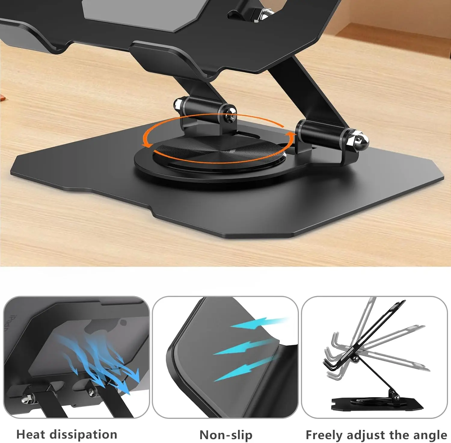 360 ° Free Rotation Tablet Holder, Height Adjustable Tablet Holder Compatible with 4-13 Inch Tablet, Lightweight Steel Foldable Tablet Holder, Anti-Slip-Black #3