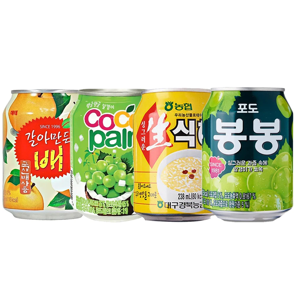Bebida Coreana 4packs regrescante con sabor frutas.Haitai uva blanca, pera, coco, bebida arroz.