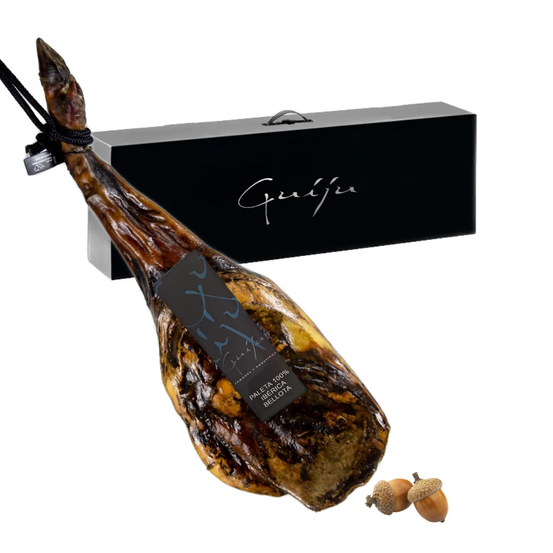 Paleta Ibérica de Bellota 100% Ibérica Pata Negra | Aprox. 5 kg | Curación tradicional Certificado brida negra por Calicer España | Marca Guiju