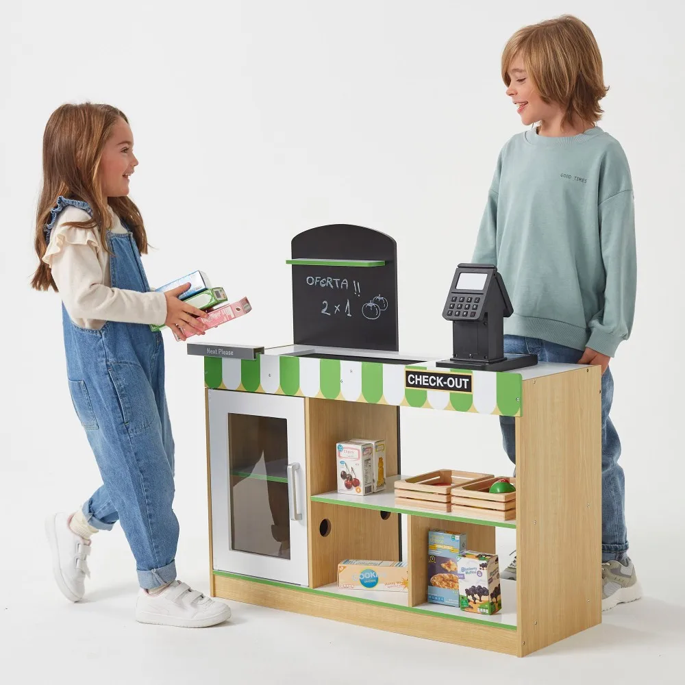 Teamson supermarket toy Wood c/light, sound and accessories, supermarket wooden toy with accessories, cash register toys/market stall toys, children toys/size 80x30x80cm / Mini children's supermarket