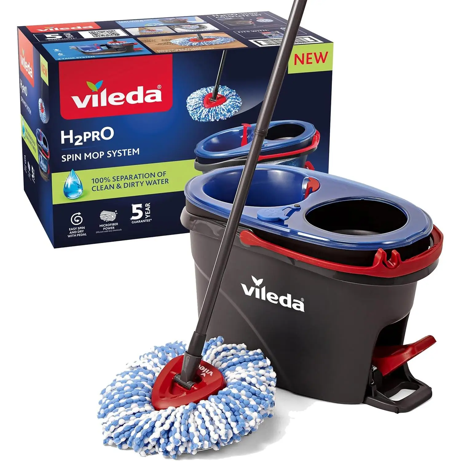 Vileda H2PrO Spin Sistema de Mopa, Doble Cámara de Separación de Agua, Escurrido sin Esfuerzo, Limpieza con Microfibra, Manos Libres, Diseño Ergonómico