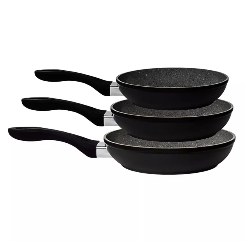 Set of 3 Non-Stick Pans 20/24/28cm with Stone Coating, suitable for all cooking types including gas, electric, and induction, featuring durable and easy maintenance design available in Red, Black, and Orange.