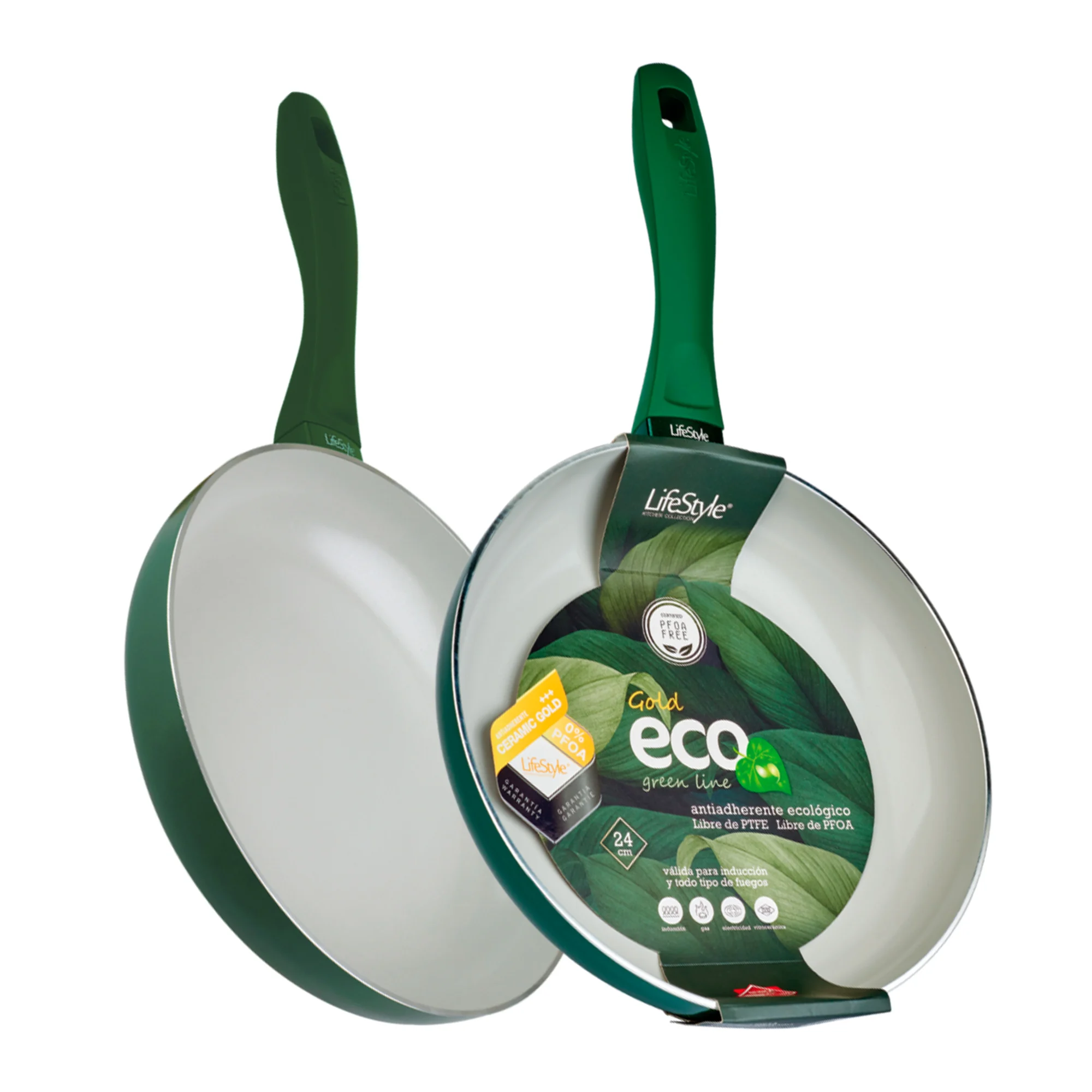 Lifestyle set 2 pans | 22 and 26 cm | Aluminum | Non-stick Gold eco green ceramic | Eco-friendly pan | Valid for induction and all kinds of fires | Free of PFOA and PTFE | Touch silicone handle