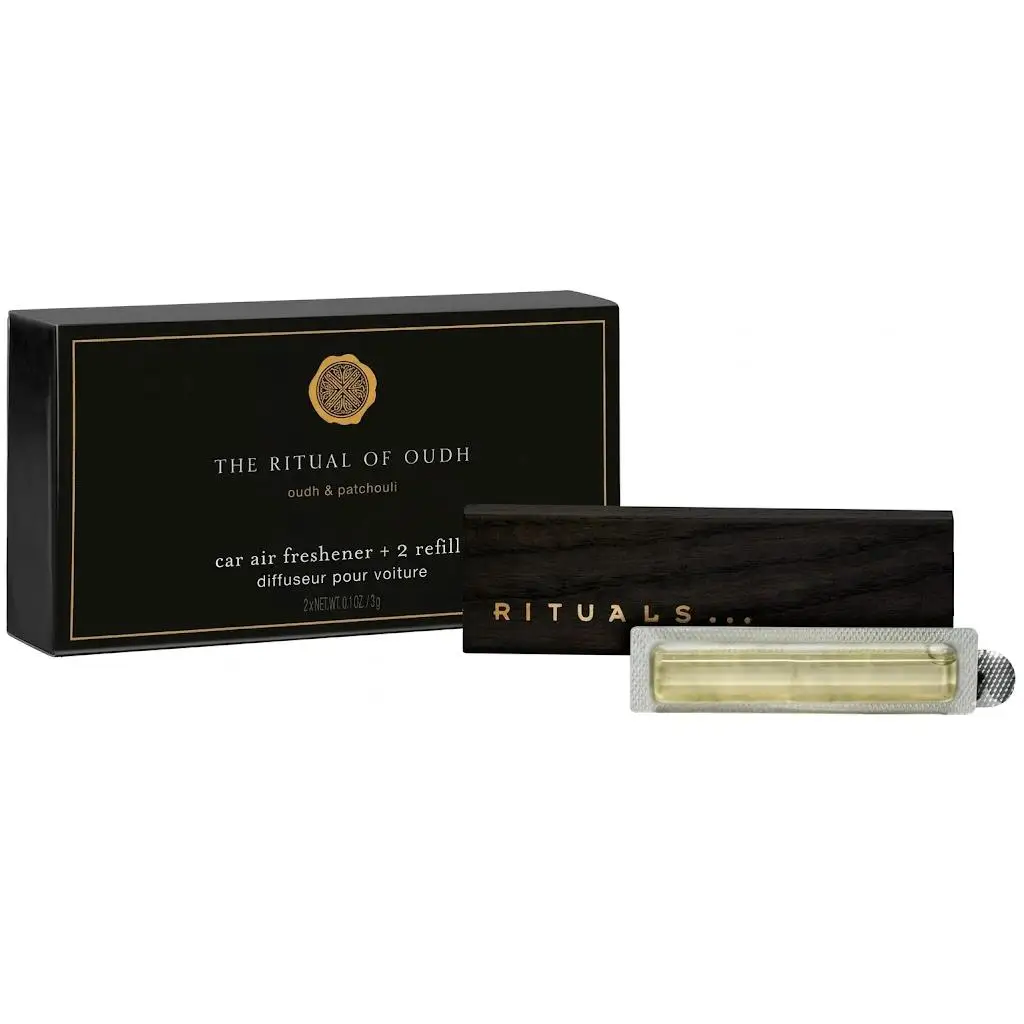 Ambientador de Coche rituals - The Ritual of Oudh – Perfume de Coche de Lujo de la Private Collection – Se Ajusta a Todos los Coches con Soporte de Madera Reutilizable – 2 x 3g