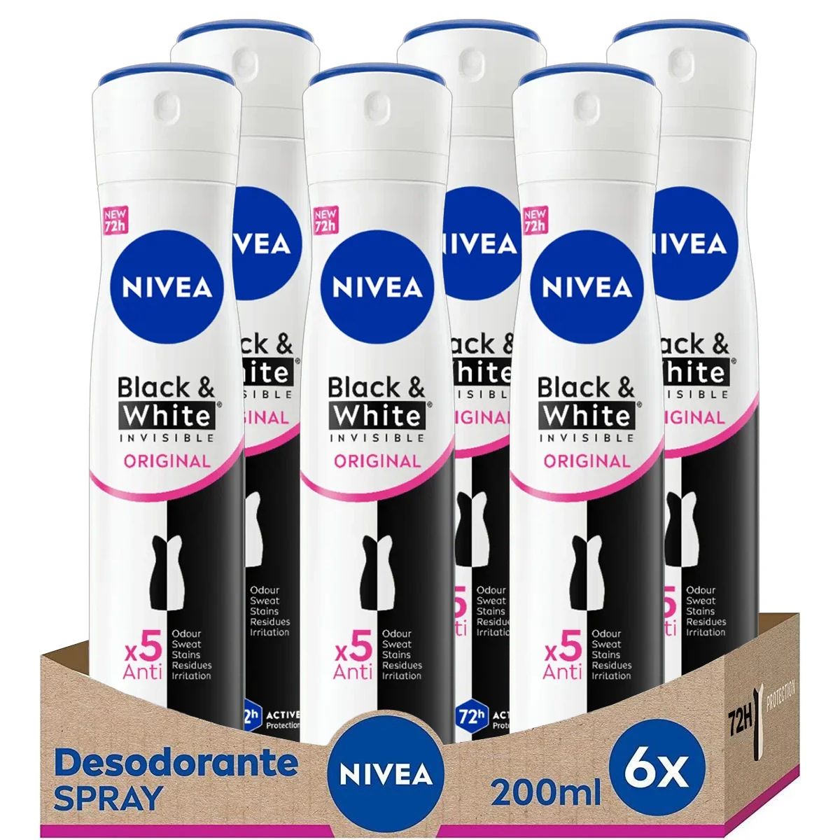 NIVEA Black & White Invisible Original Spray Desodorante 200ml, 6 unidades, 200ml*6 — oferta en AliExpress