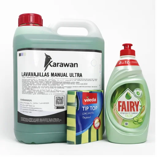 Pack de Limpeza Lavavajillas - Detergente Concentrado Ultra Karawan 5L + Fairy 340ml + Esponjas Videla x5 Unidades