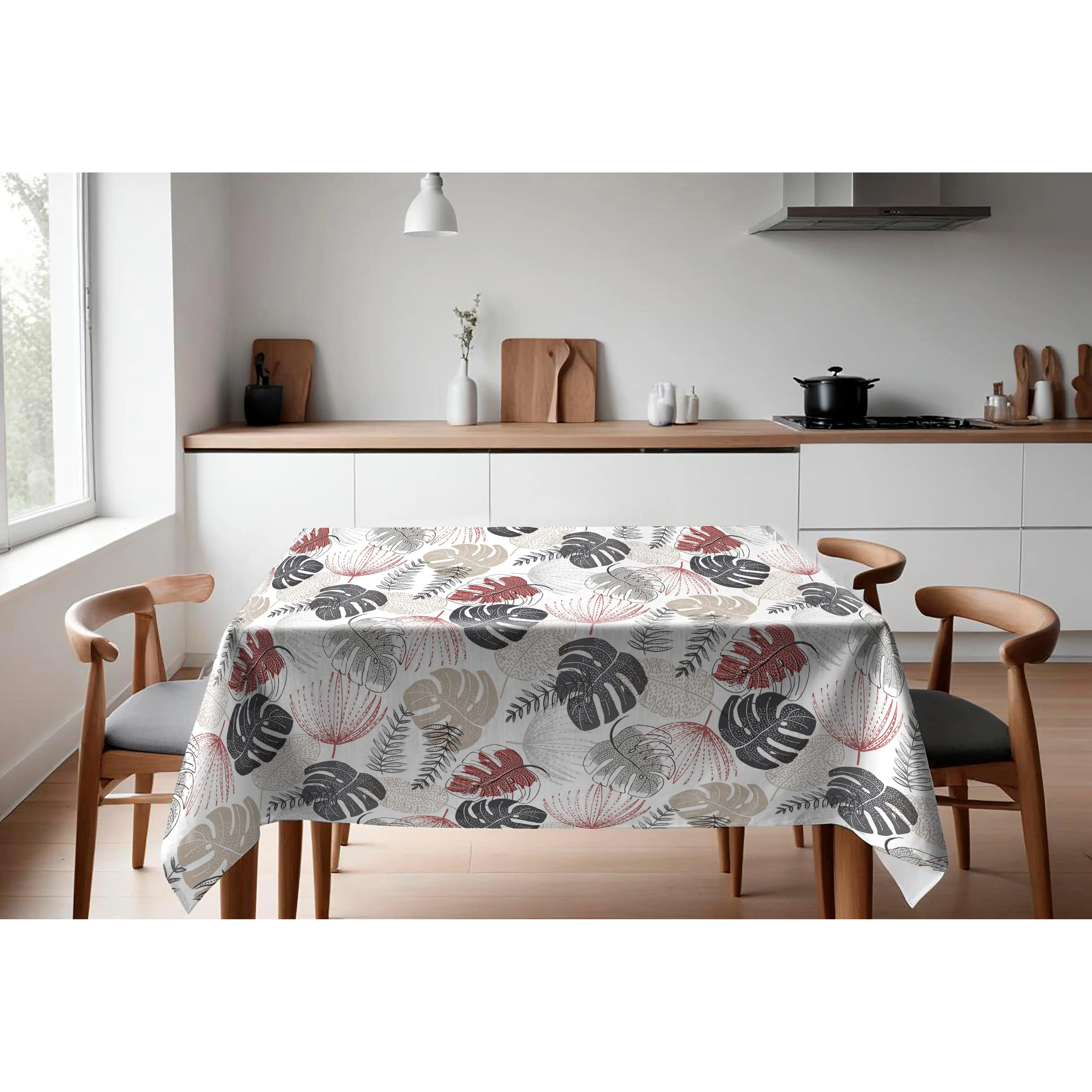HuleHule Tex  - Mantel Estampado Impermeable Diseño Innovador Resistente a Manchas PVC Estampado de Hojas en Tonos Grises y Granate con Fondo Blanco - Palma Marsala