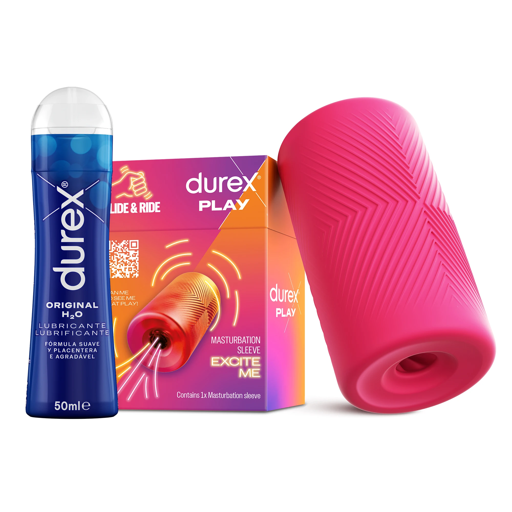 Durex slide & ride masturbator + original h2o lubricant 50 ml, elastic, soft flexible and textured with stretch marks