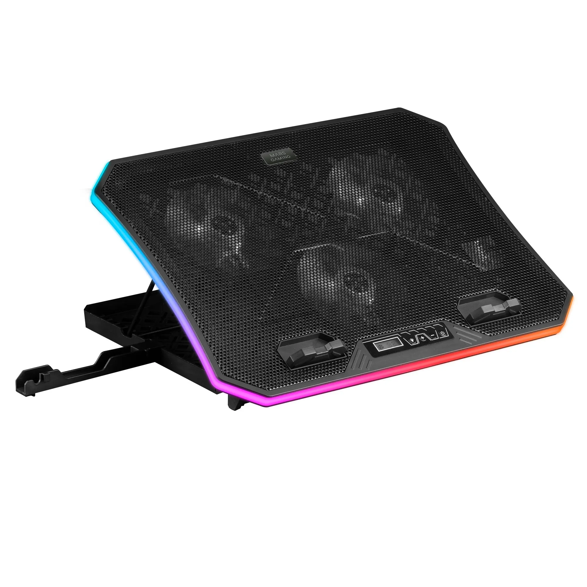 Mars Gaming MNBC6, Base Refrigeradora + Stand XL 19'', Iluminación ARGB 10 modos, 3 Ventiladores Controlados Digitalmente, Smartphone Holder, Negro