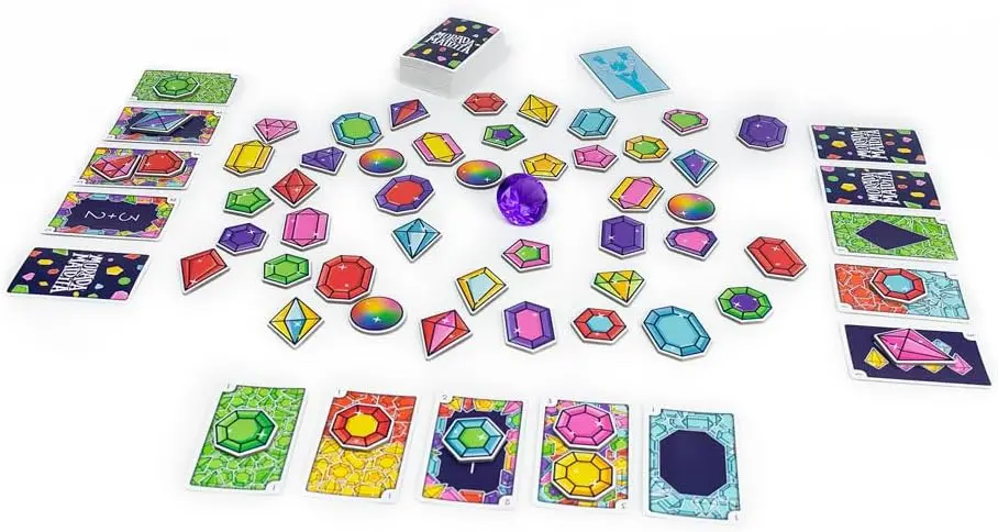 "La Morada Maldita" is a fast-paced Spanish board game for 2-6 players aged 7 and up, featuring 100 challenge cards, 65 gems, and a cursed purple jewel for thrilling family fun. #2