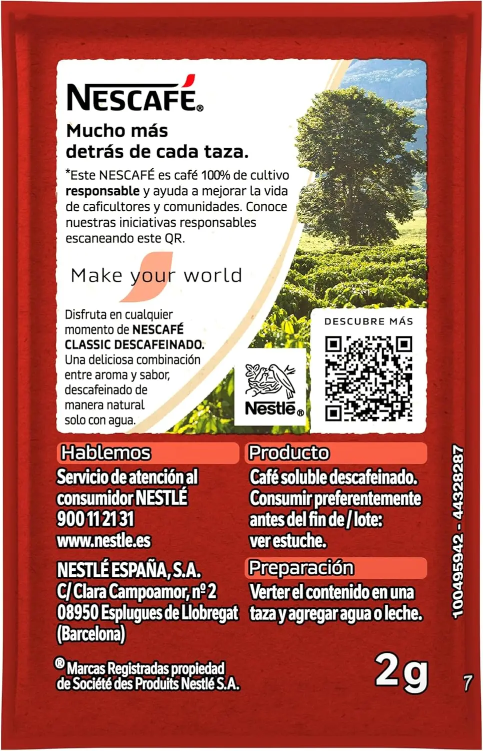 Nescaffeinated case of 100 sachets of 2 grams.