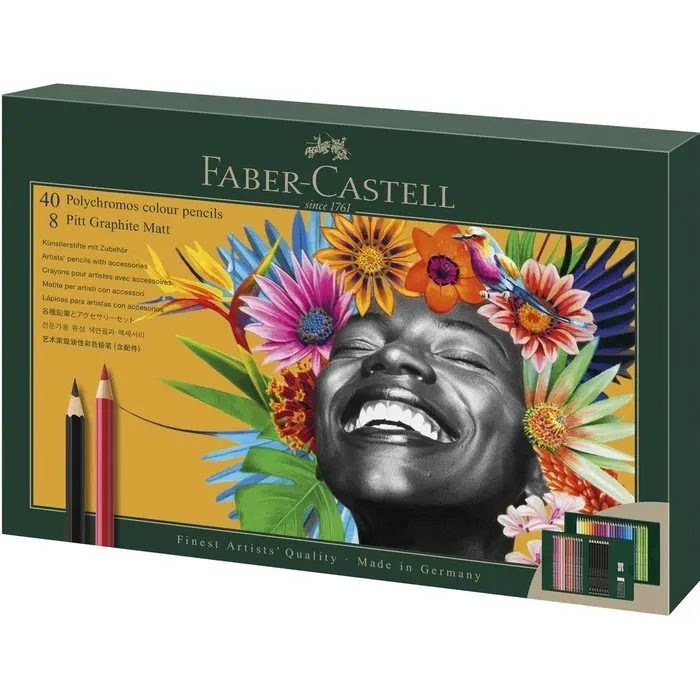 Faber Castell Polychromos 48 Colors Gift Set, featuring 40 artist-quality colored pencils and 8 Pitt graphite pencils for professional drawing, ideal for artists seeking exceptional quality and versatility in their art supplies. - Product Main Image