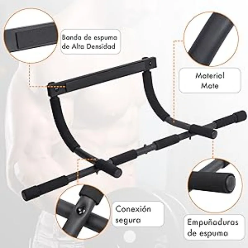 Decodeko-door pull-up bar without screws |   Multifunction for pull-ups, crunches and push-ups |   Reinforced steel structure |   Easy assembly and non-slip grip