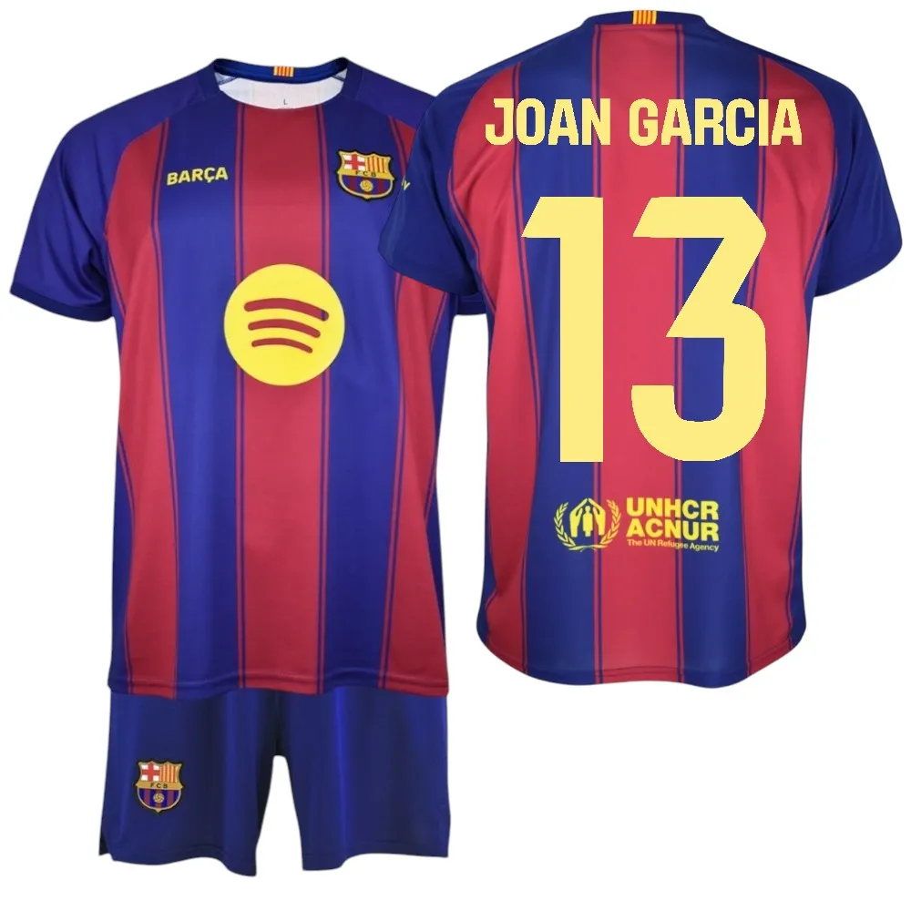F.C Barcelona - Conjunto Camiseta y Pantalón Niño - Jugador JOAN GARCIA Nº13 - Diseño Blaugrana Clásico - Escudo Bordado - Tejido Transpirable - Ideal para regalo