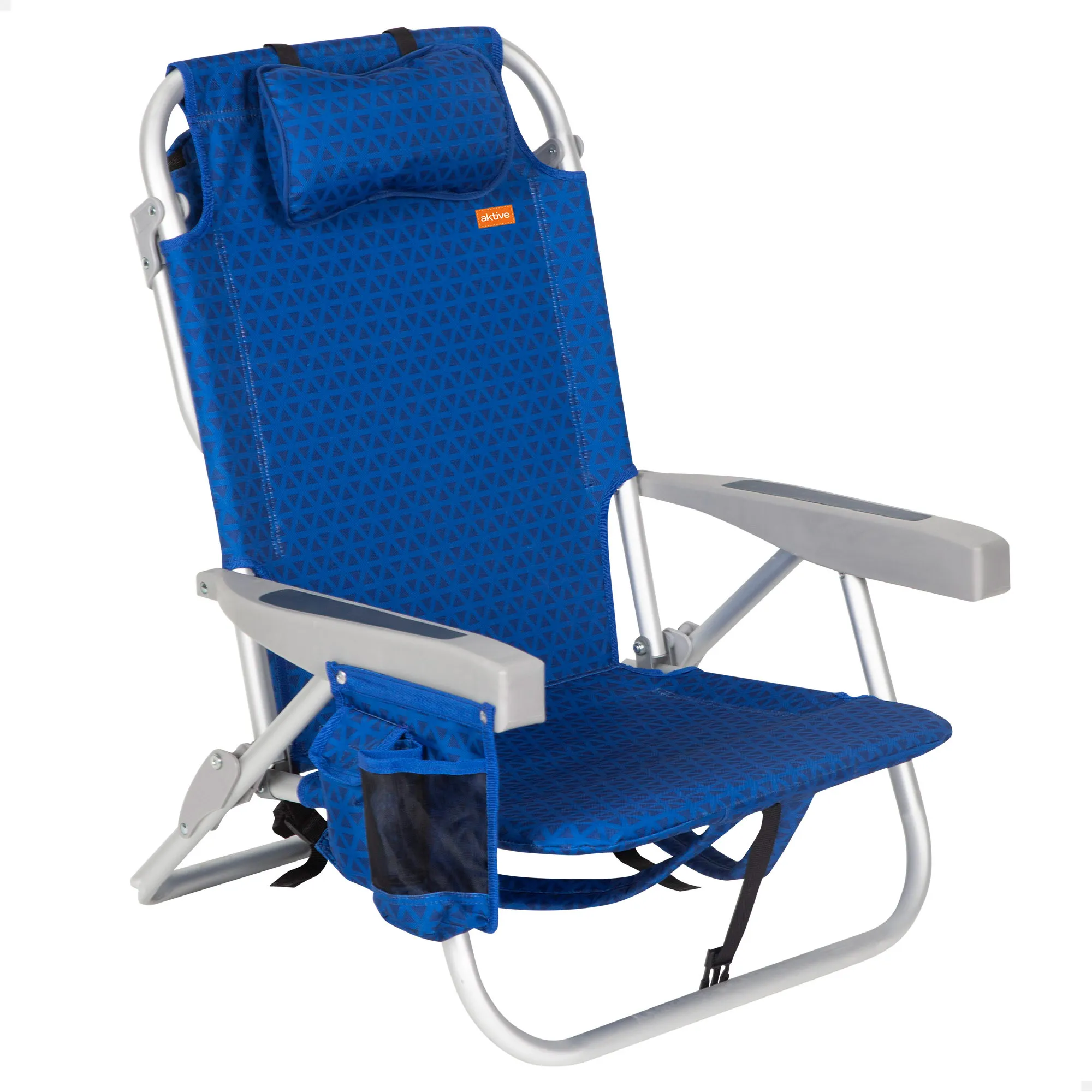Aktive - Silla de playa plegable, color azul, 50x53x78 cm, asiento XXL, 5 posiciones, cojín acolchado, bolsa térmica, bolsillos, asa de mano y mochila, peso máximo soportado 110 kg, silla de playa reclinable, tejido poliéster