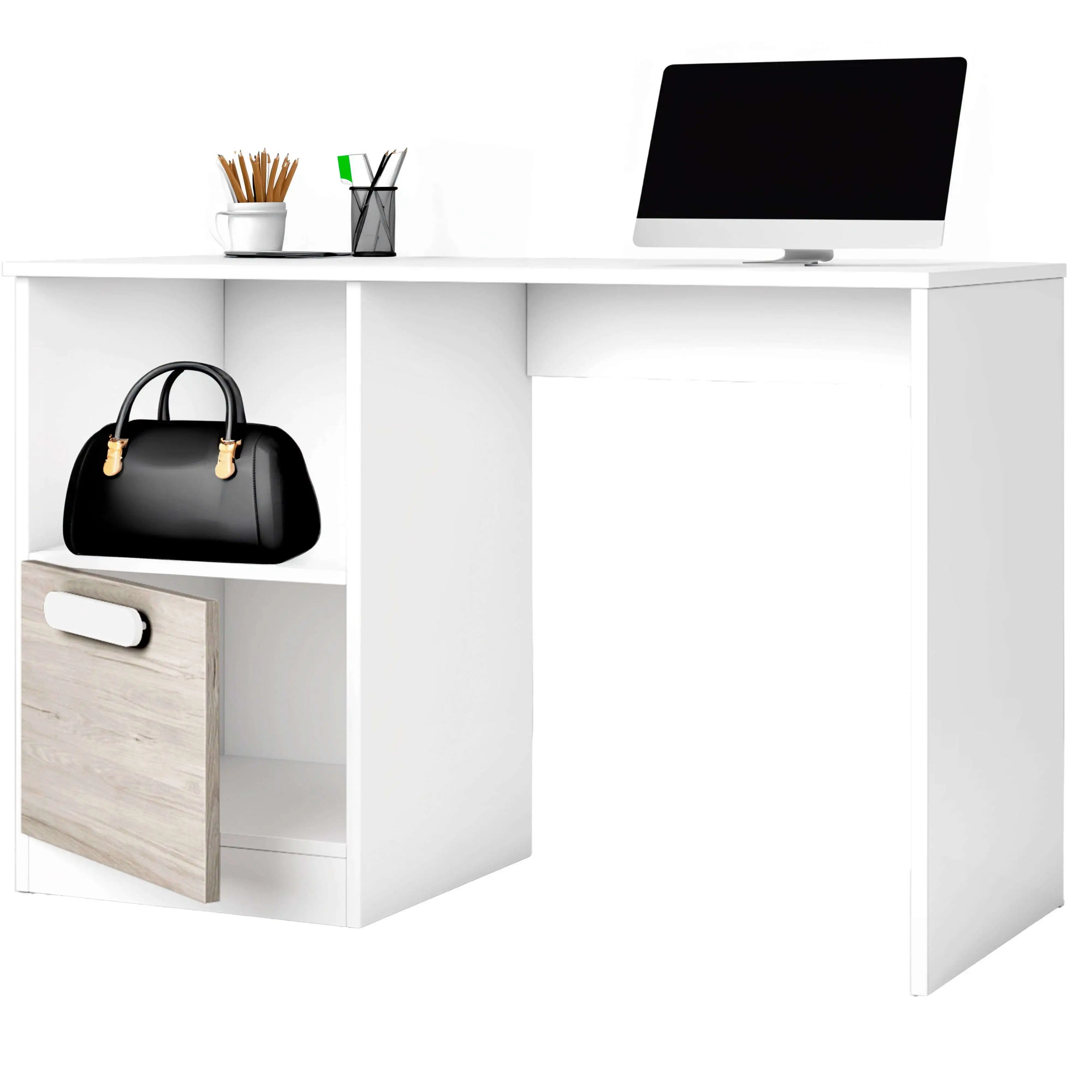 Miroytengo Mesa de Escritorio para Habitación Juvenil Estelle Estilo Nórdico en Color Blanco Mate y Roble Sahara con 1 Puertas y 1 Hueco de Almacenamiento 100 cm