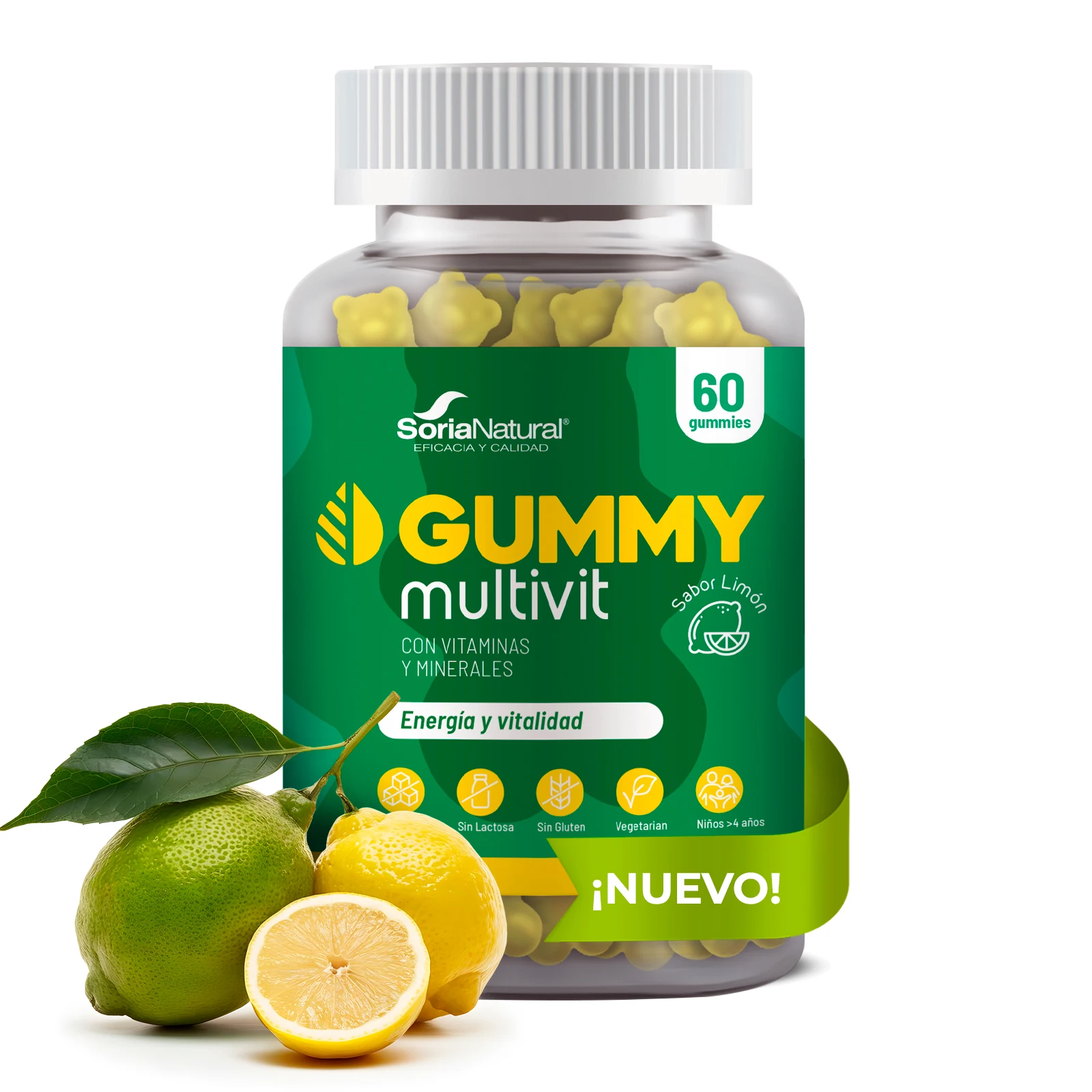 Soria Natural Multivitamínico Gummies para Adultos, Niños y Adolescentes – Energía, Crecimiento y Cansancio con Vitaminas C, E, A, B, Magnesio y Zinc – Complemento Alimenticio – 60 Gominolas
