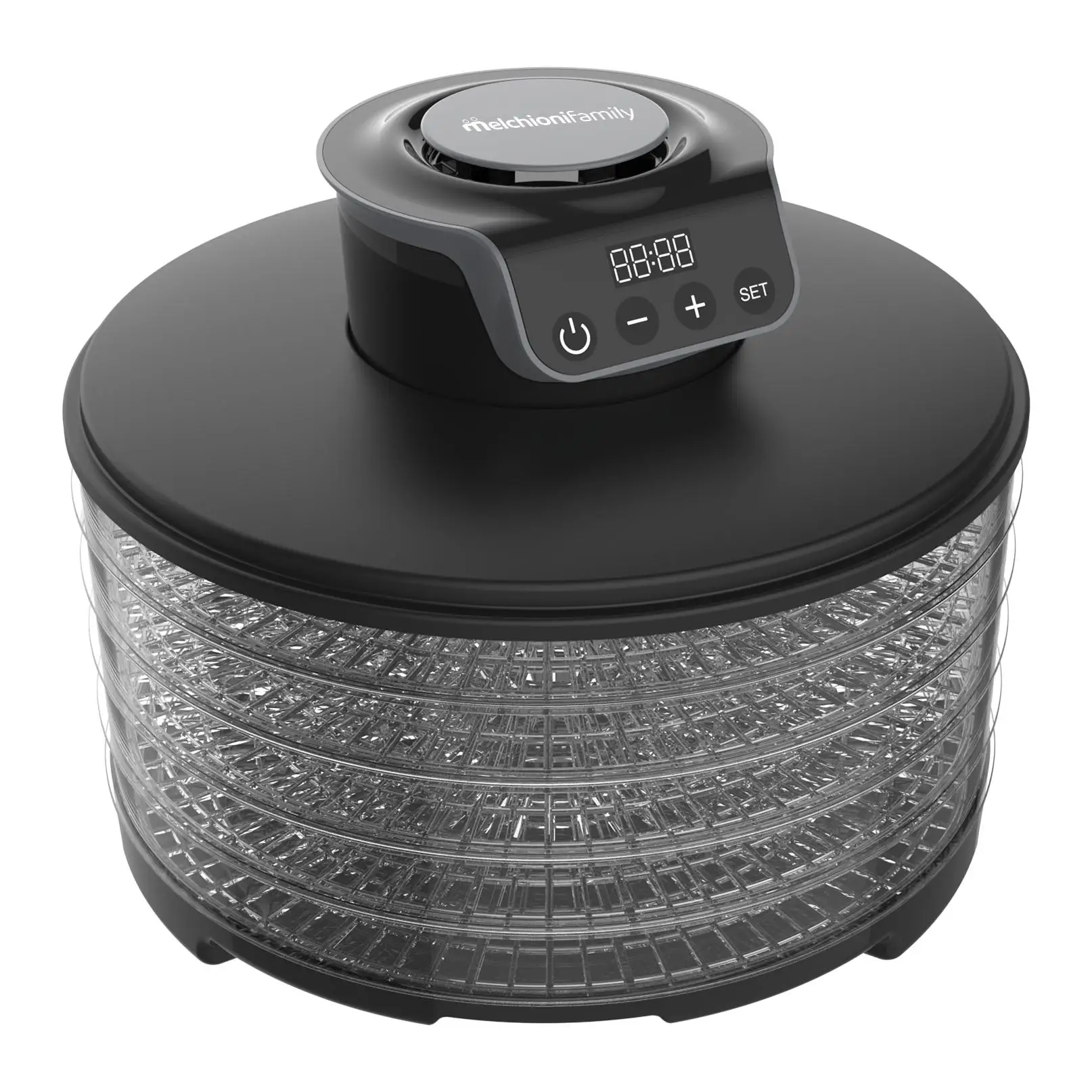 Deshidratador de Alimentos MELCHIONI FAMILY TOWER 250W con 5 Bandejas Ajustables y Pantalla Digital, Color Negro