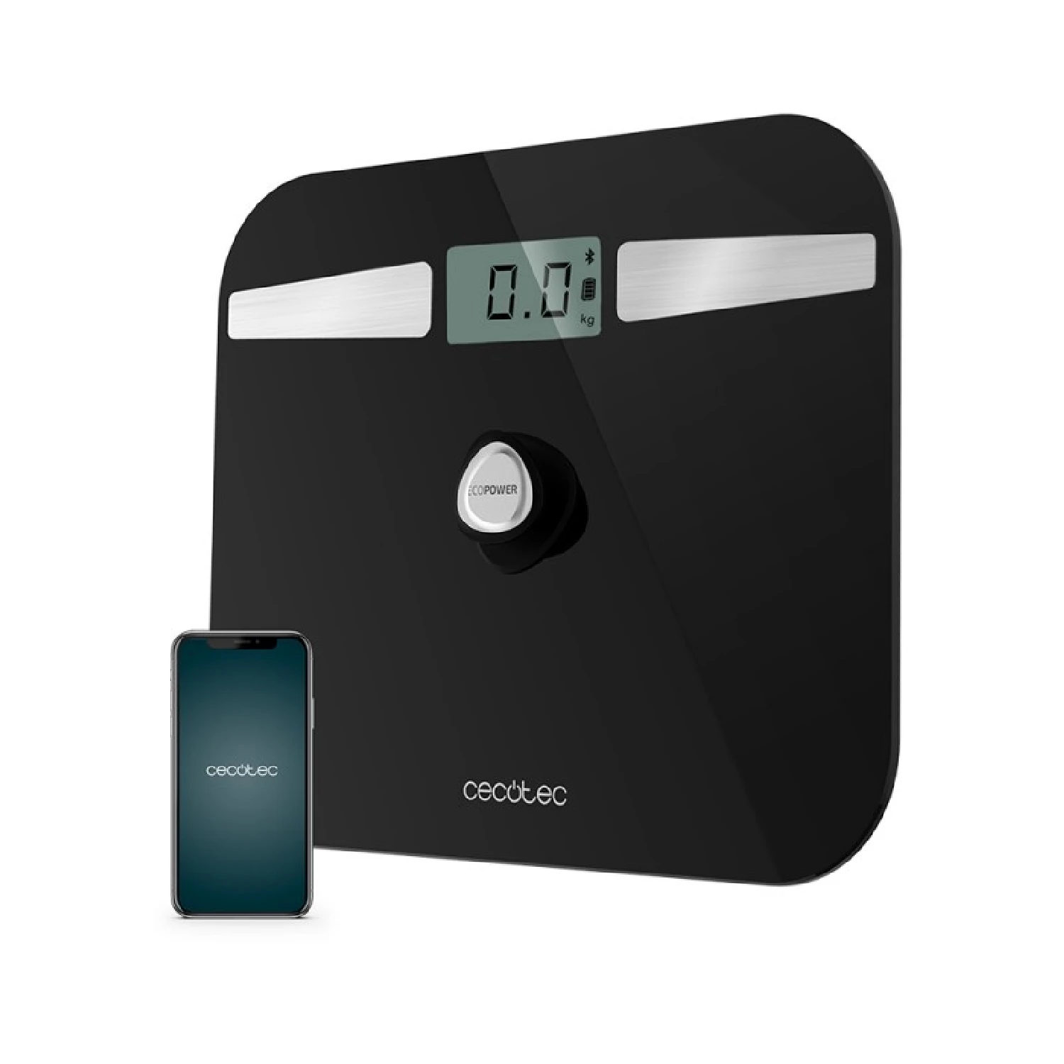 Surface Precision EcoPower 10200 Smart Healthy Black bathroom scale With push button, high security tempered glass surface, precision sensors, APP