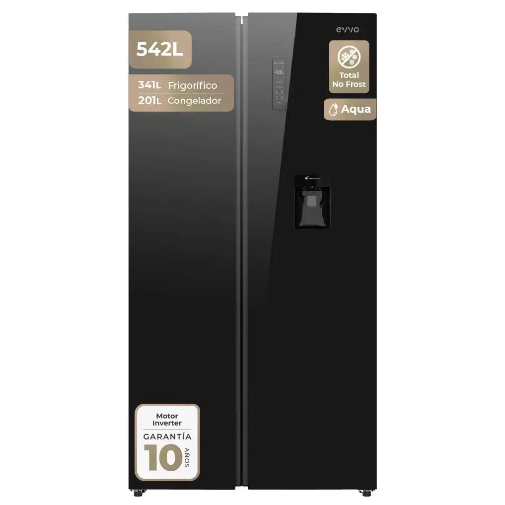 Evvo - Frigorífico americano F91B Glass Aqua Negro con dispensador de agua, sistema Total No Frost y motor Inverter eficiente para familias grandes