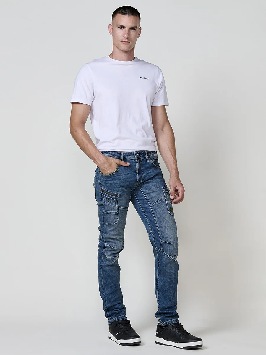 Koroshi - Vaqueros workwear Koroshi Jeans Regular Fit de denim elástico para hombre, azul medio, estilo urbano y funcional