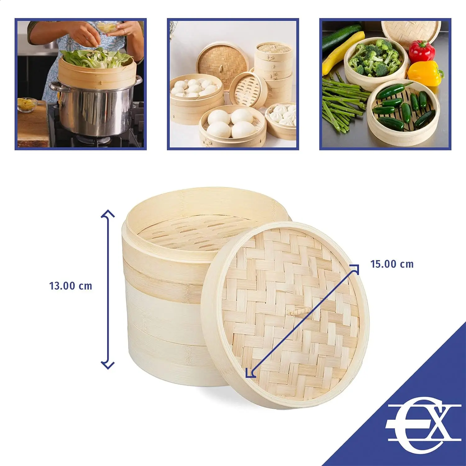 EUROXANTY bamboo steamer | Bamboo steamer basket | Steamed cooker for rice, vegetables and meats | 13x15 Cm - 2 levels |