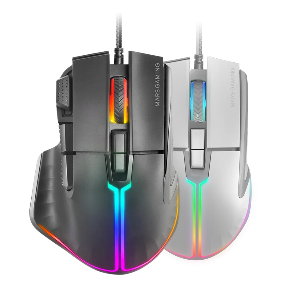 Mars Gaming MM-XT Ratón Gaming RGB Ergonómico con Reposa Pulgar, Ratón Óptico 12800DPI, 9 Botones Configurables, Switches Huano, Software de Control, Ratón RGB Negro o Blanco
