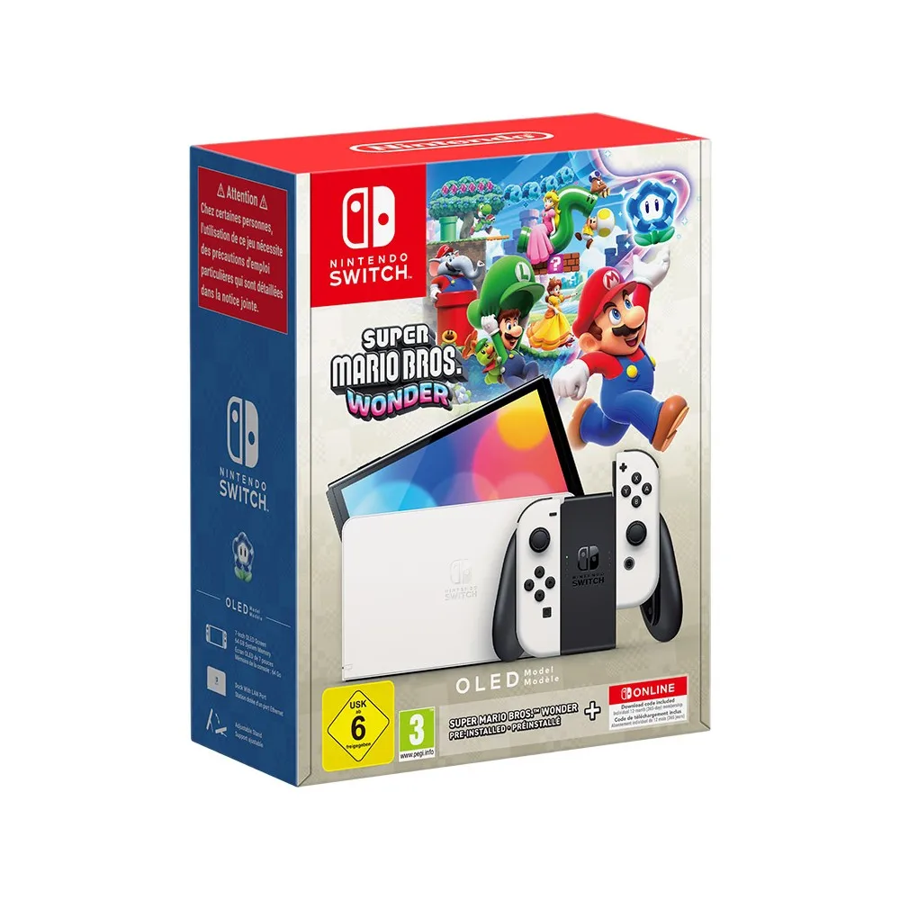 NINTENDO white OLED Spanish SWITCH + SUPER MARIO BROS.WONDER pre-installed + 12 months subscription NSO European warranty