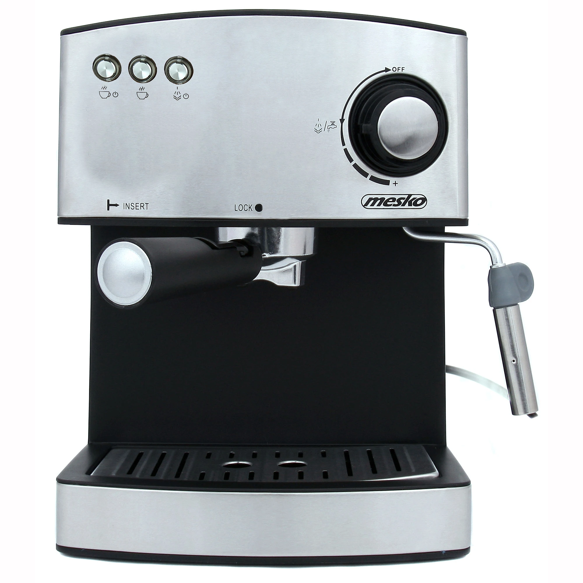 Mesko ms 4403 manual expresso coffee maker 15 bars 1.6 l, double exit arm, milk frother, mug warmer, 850w, silver