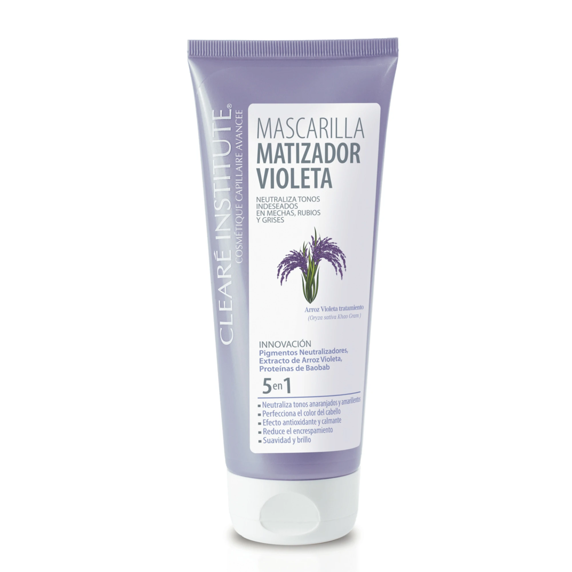 Clearé Institute Violet Toning Mask 5 in 1, 200 ml for blonde, highlighted, or gray hair, neutralizes unwanted orange tones, revitalizes with 98% natural ingredients, enhances shine, and reduces frizz for smooth, beautiful hair.