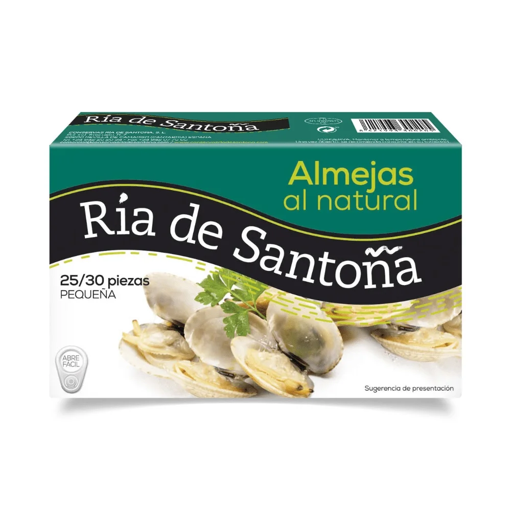 Almejas al natural 25-30 Ría de Santoña - Calidad suprema de las Rías Gallegas, con almejas frescas y tiernas, elaboradas artesanalmente para conservar su sabor auténtico y su frescura