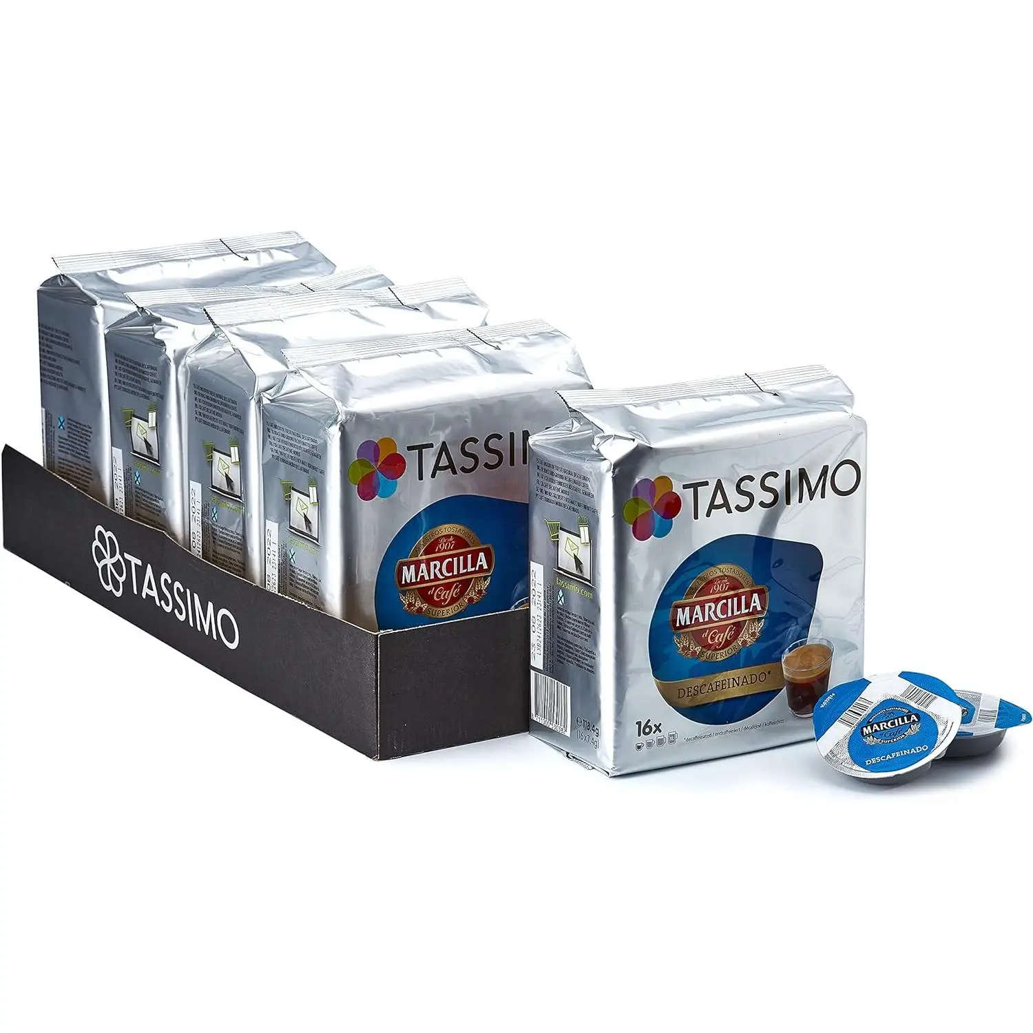 Capsulas TASSIMO MARCILLA Café Descafeinado - PACK 5 paquetes de 16 capsulas , 80 capsulas de perfecto café descafeinado
