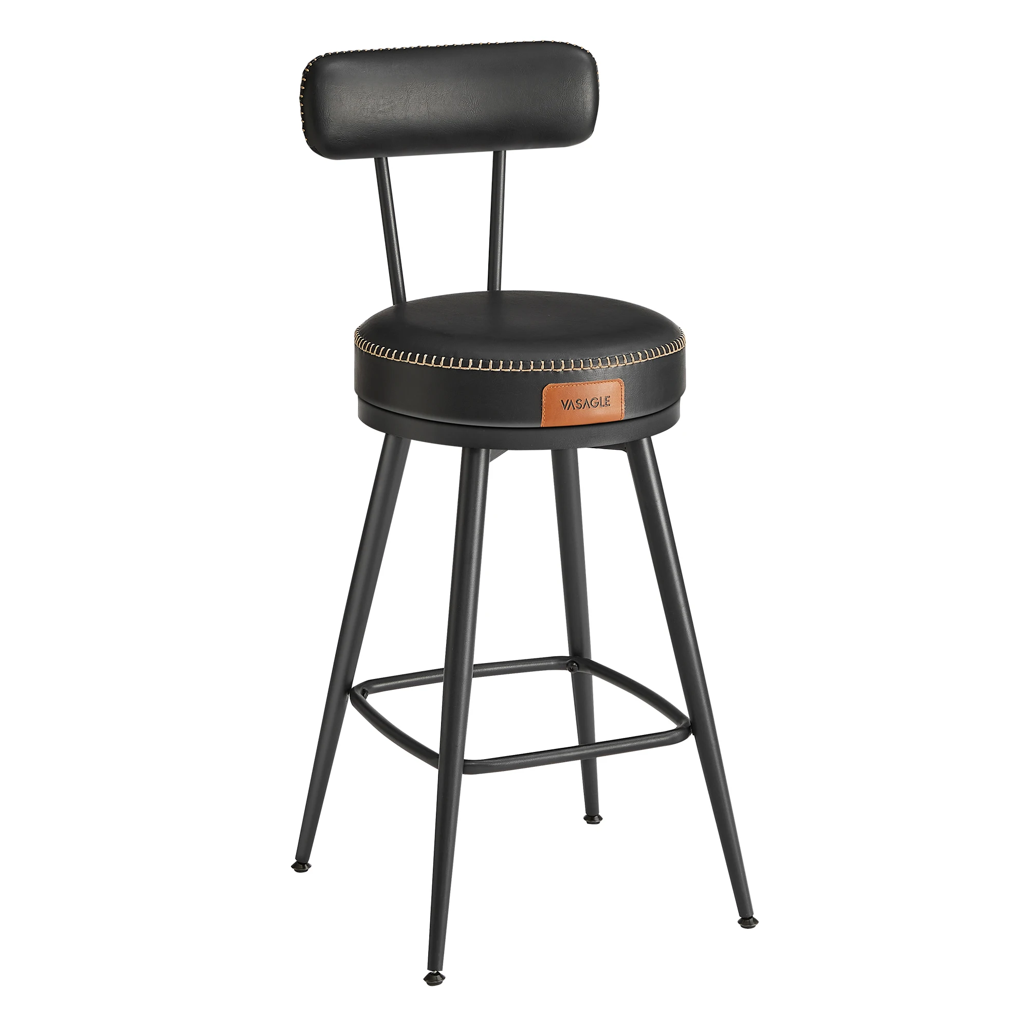 VASAGLE EKHO Colección - Juego de 2 Taburetes de Bar, Sillas Giratorias de Barra con Respaldo, Cuero Sintético con Costuras, Moderno Siglo Medio, Altura 65 cm, Barra Cocina, Negro Tinta /Verde