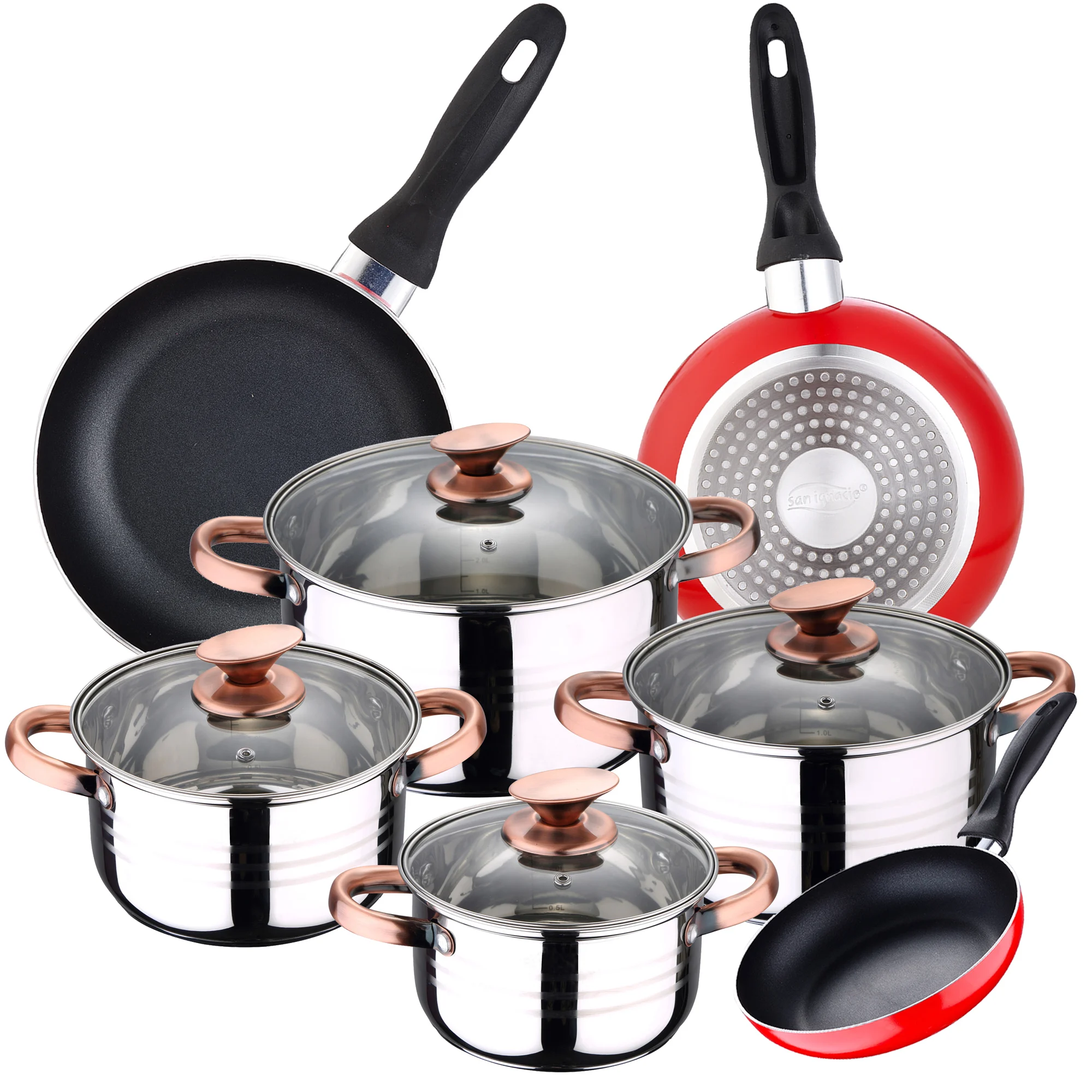 Bateria 8pc acero inoxidable apta para inducción + 3 sartenes 16/20/24 cm SAN IGNACIO