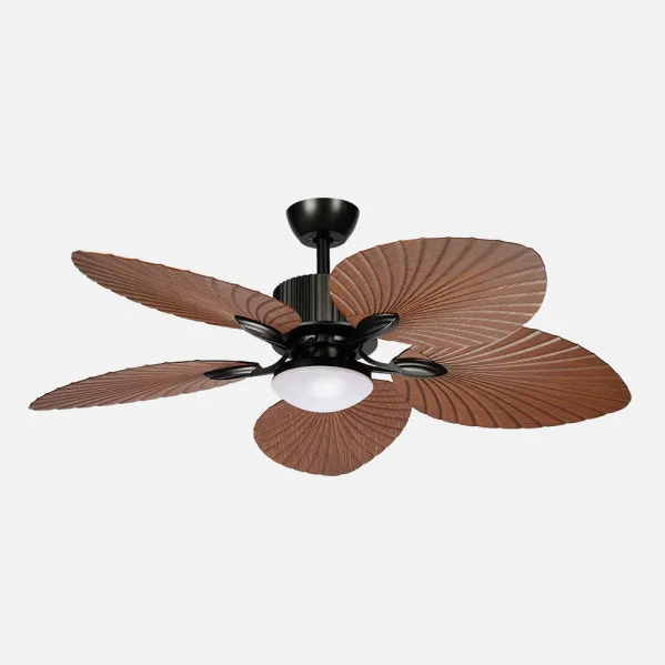 ABRILA - Ventilador DC Torcal 24W Negro/Roble | 5 Aspas Diseño Hoja de Palma Tropical | 6 Velocidades | Luz LED Opcional 2880lm | Control remoto con memoria y temporizador