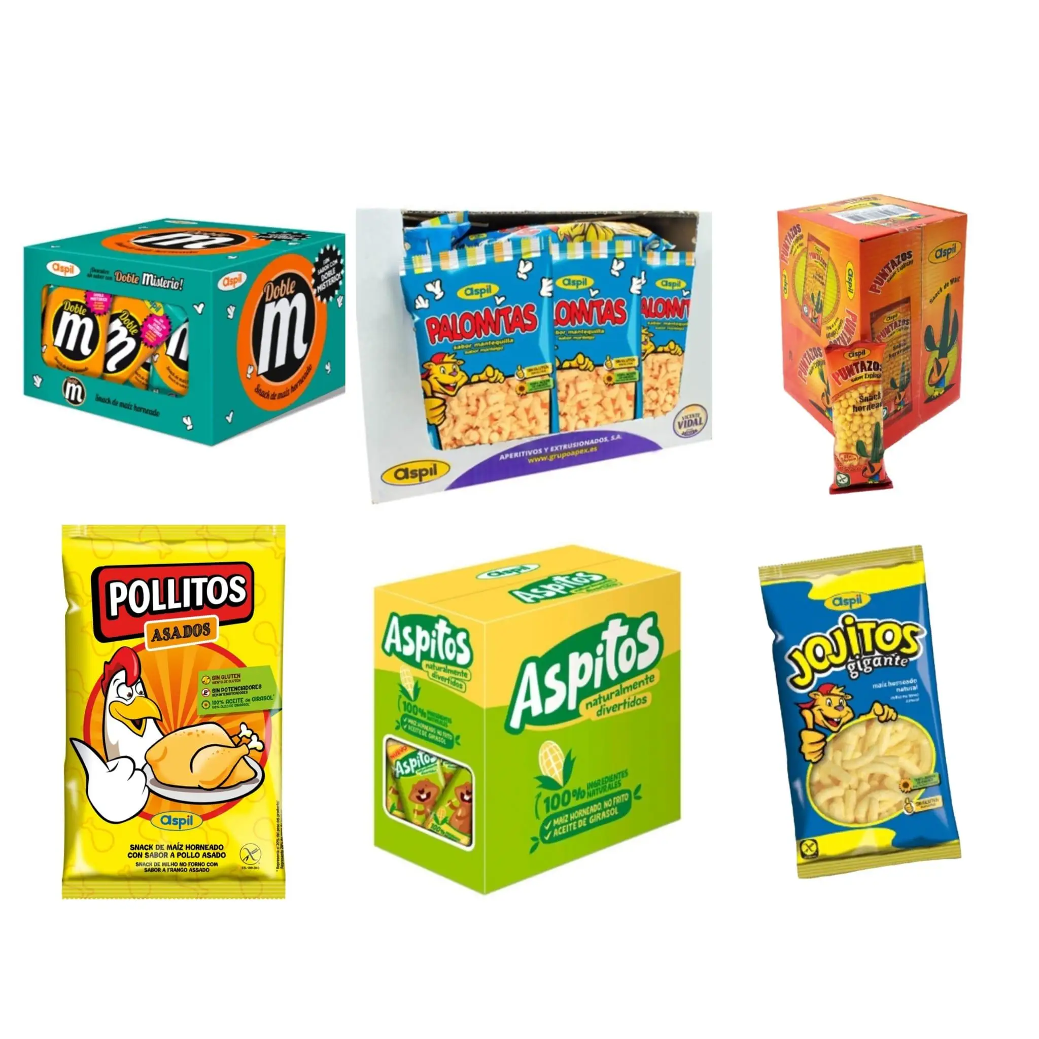 Aspil-Palomitas mantequilla Puntazos Doble M Pollito asado Jojitos Aspitos gran surtidos a elegir aperitivos clasicos de toda la vida se vende en caja completa