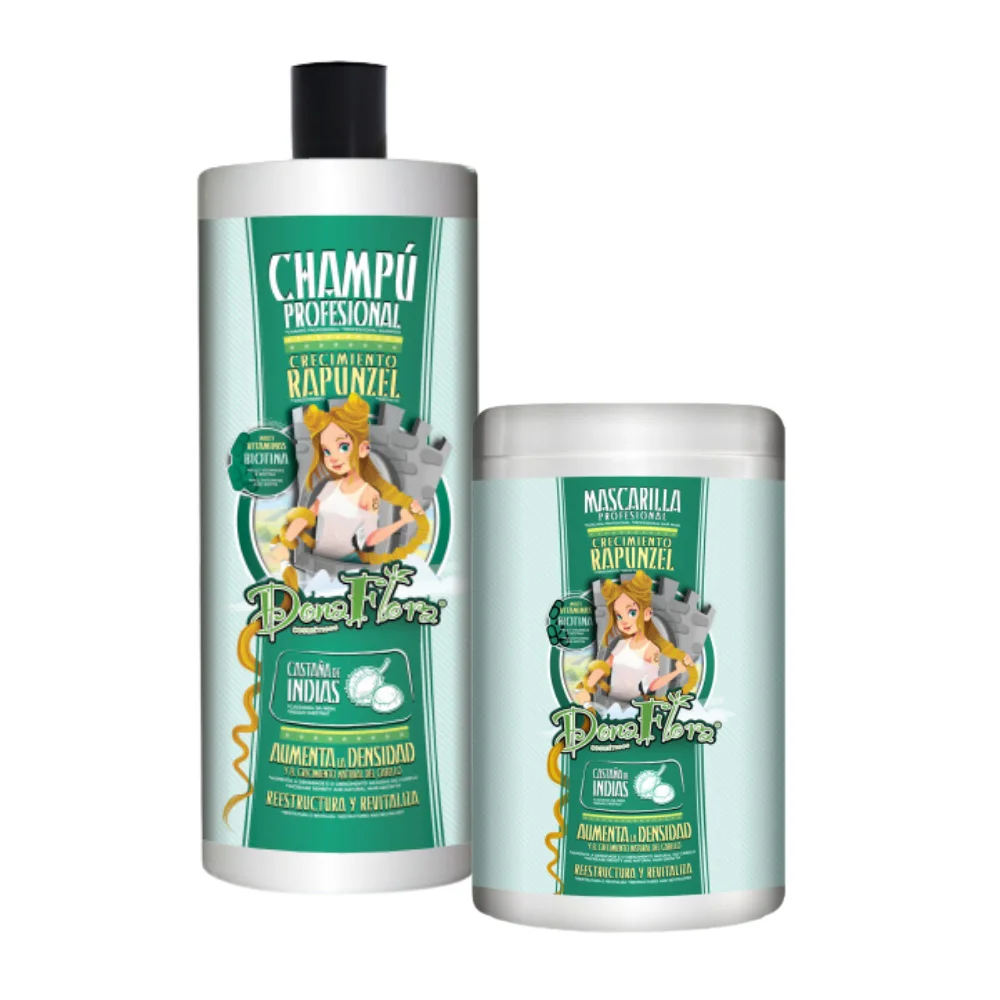 Dona Flora – Champú y Mascarilla de 1000ml – de Crecimiento Rapunzel – Fortalece y Nutre con Biotina